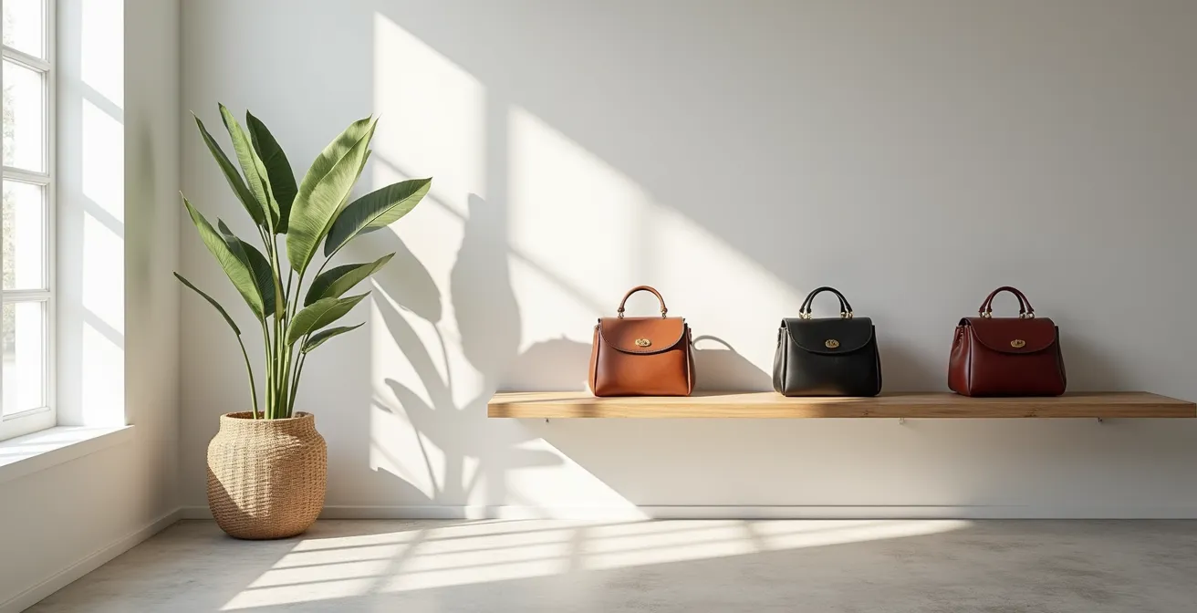 Stilvolle Anordnung verschiedener hochwertiger Second-Hand Ledertaschen in warmen Tönen