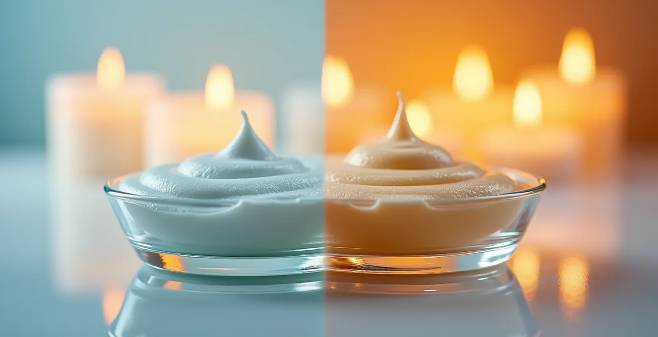 Makroaufnahme, die die leichte Textur einer Tagescreme neben der reichhaltigen Textur einer Nachtcreme zeigt.
