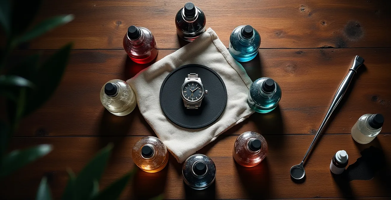 Professionelle Uhrenpflege-Werkzeuge wie weiche Pinsel und Mikrofasertücher liegen auf einer hölzernen Werkbank.