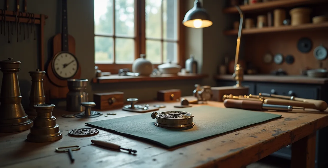 Deutsche Uhrmacherwerkstatt mit traditionellen Werkzeugen und Automatikuhrwerk in Arbeit