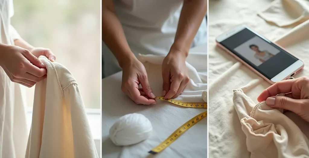 Illustriert den Prozess des strategischen Upcyclings: Von der Änderungsschneiderei bis zum intelligenten Verkauf auf Vinted – ein Kreislauf der Wertschätzung.