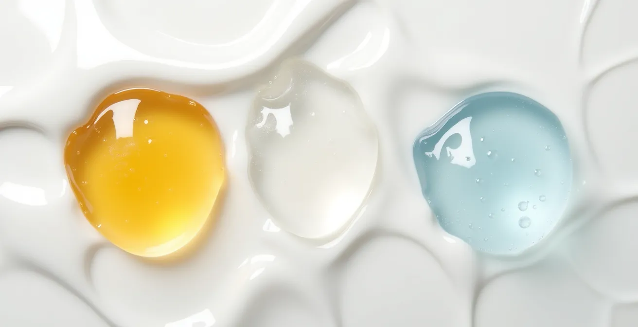 Makroaufnahme verschiedener Reinigungstexturen nebeneinander: goldenes Öl, weiße Milch und klares Gel