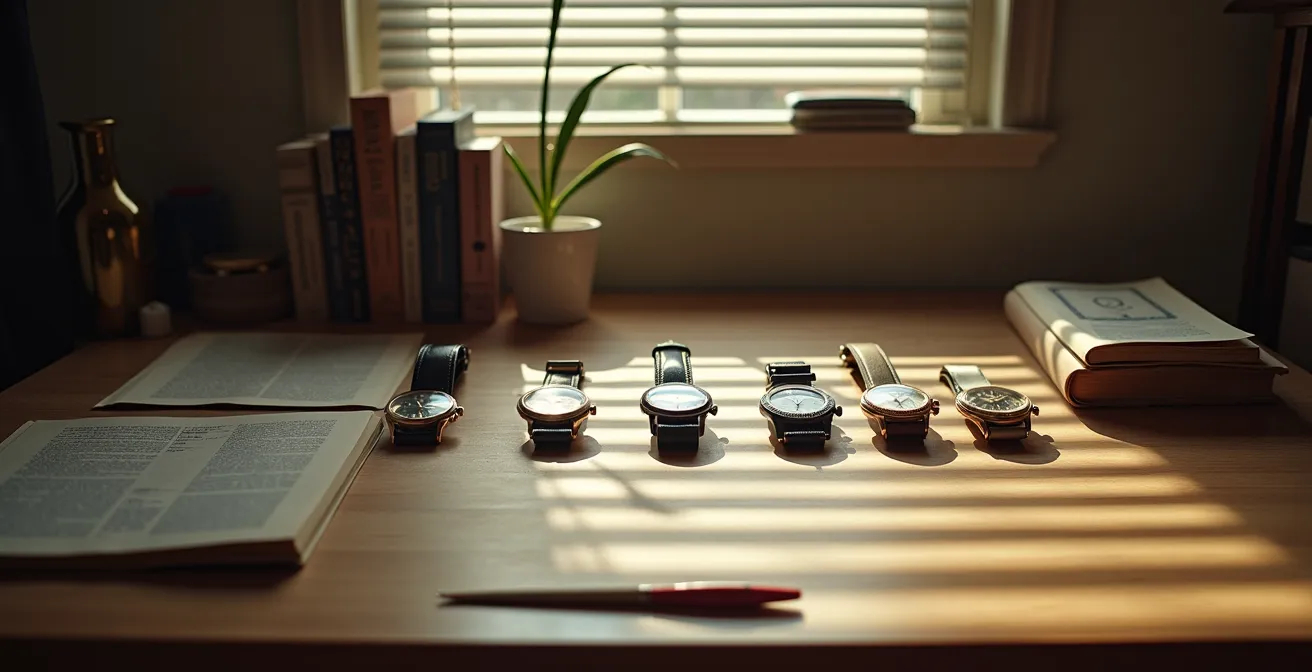 Weitwinkelaufnahme eines Sammler-Arbeitstisches mit verschiedenen Uhren-Epochen