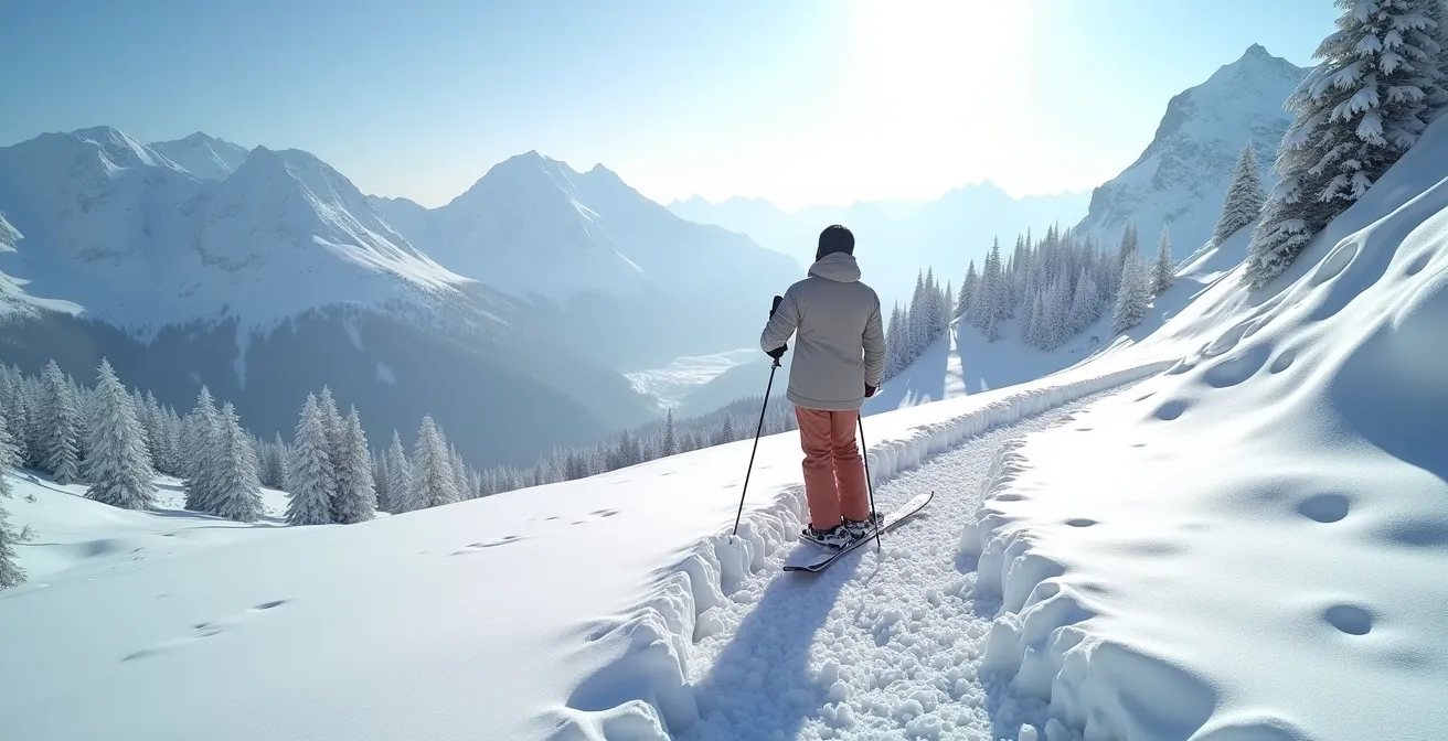 Winterlandschaft mit sichtbaren Lichtreflexionen auf einer Schneefläche, die die UV-Reflexion demonstrieren.