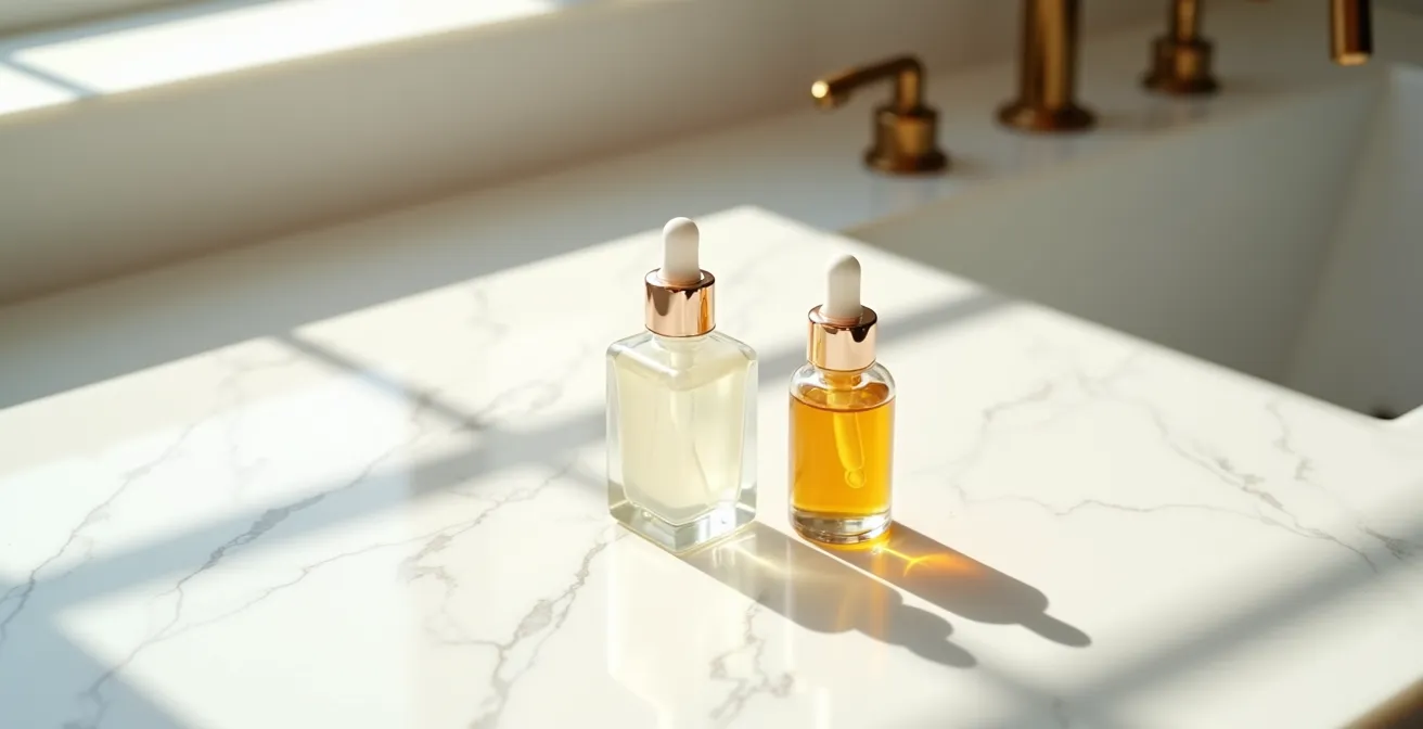 Verschiedene Serum-Texturen verschmelzen harmonisch auf einer Hautoberfläche und symbolisieren die Synergie von Wirkstoffen.