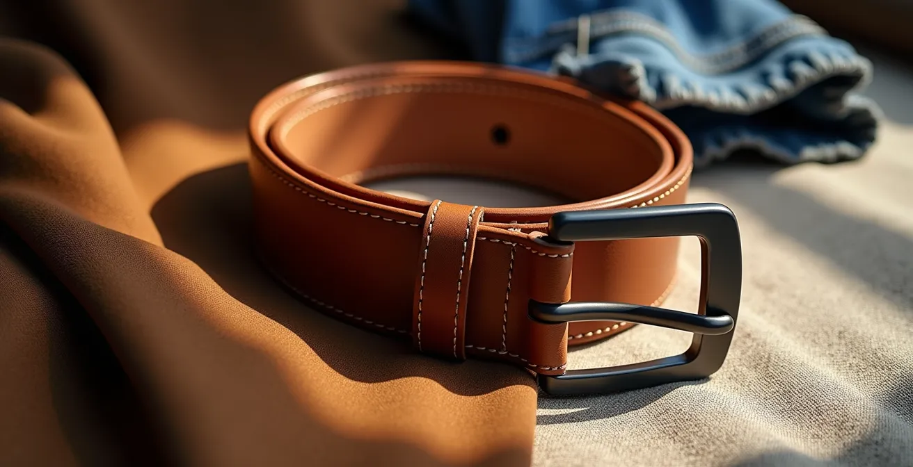 Detailaufnahme eines hochwertigen Ledergürtels mit sichtbarer Handwerkskunst