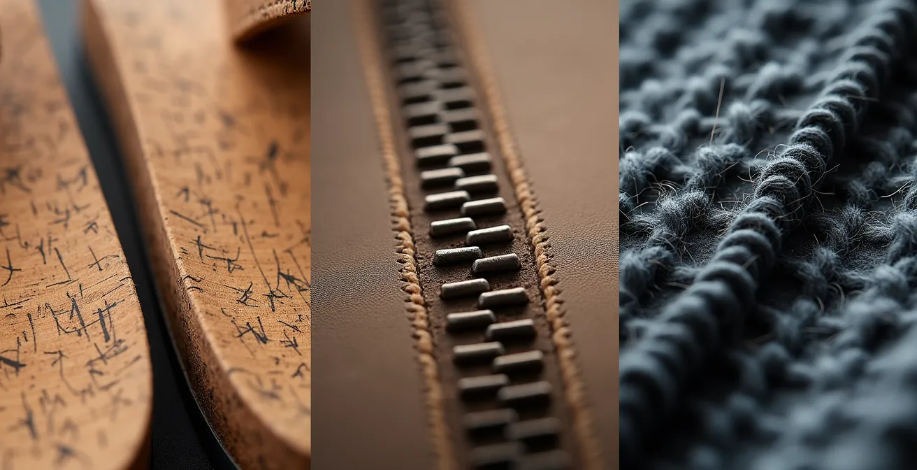 Makroaufnahme, die die charakteristischen Texturen ikonischer deutscher Modeobjekte zeigt: Kork einer Sandalensohle, Metall eines Reißverschlusses und die Struktur von Merinowolle.
